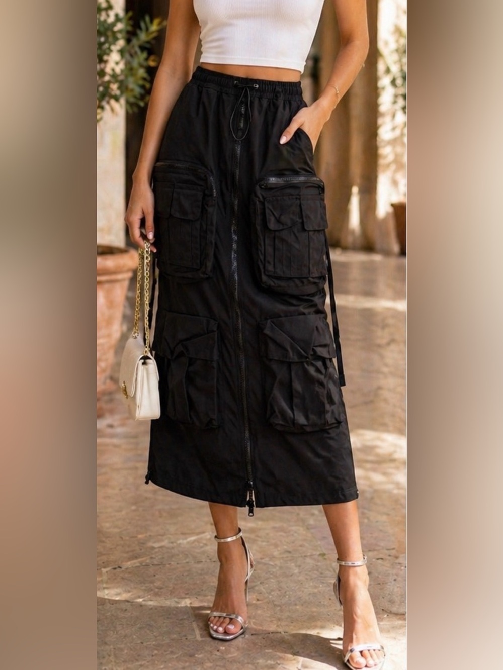 🖤 Smoke Rise RED Cargo Midi Skirt XS Black Utility Streetwear NWT